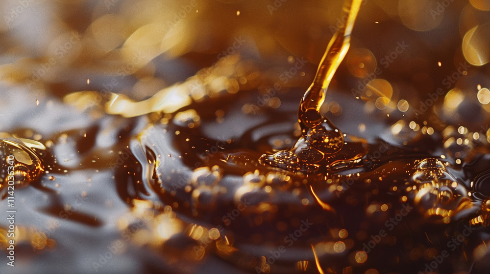 Poster This Golden liquid cascades and splashes into a shallow pool, creating mesmerizing patterns and bubbles.