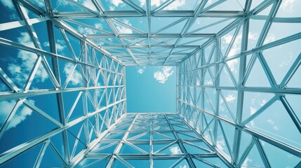 Fototapeta premium Glass Structure Reflecting Blue Sky and Clouds