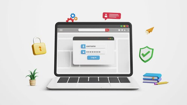Cyber security concept. Web page login, secure access to user's personal information, data protection and secured internet access. Login page with username and password on 3D laptop. 4K 3D animation
