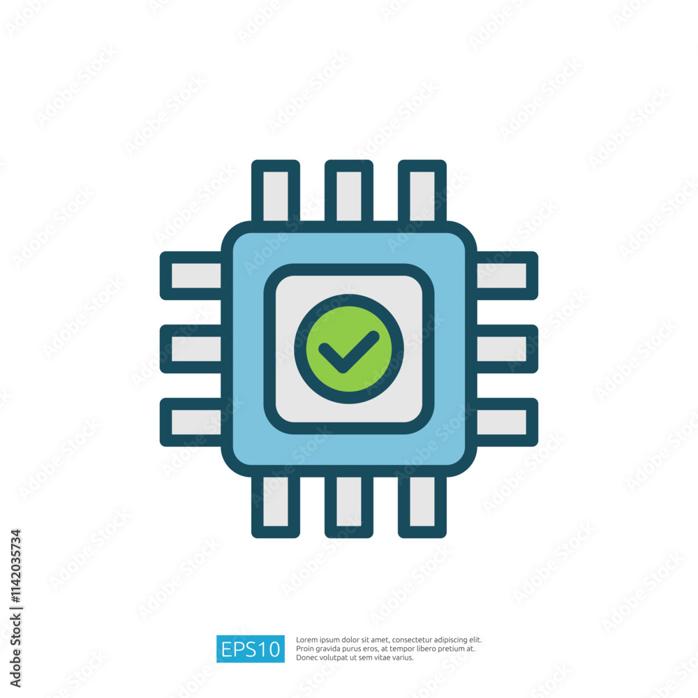 Poster the image depicts a stylized microchip with a green checkmark, symbolizing technology and approval. 
