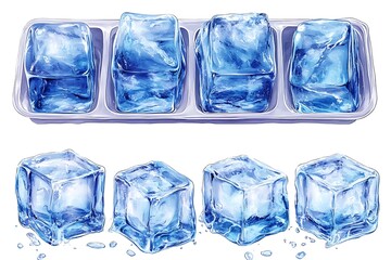 Obraz premium Ice cubes with water drops scattered on a blue background, top view