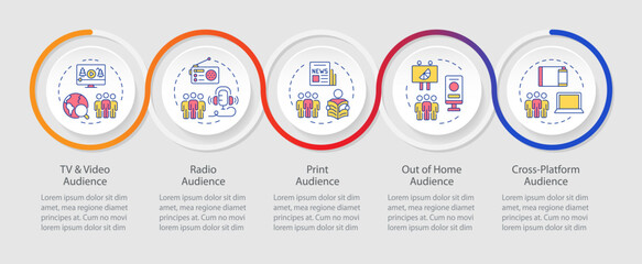 Audience measurement methods infographics circles sequence. Assessment of customers. Business. Visualization layout with 5 steps. Info chart loop process presentation. Myriad Pro-Regular font used
