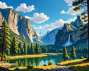 Yosemite Valley landscape painting, vibrant illustration of nature