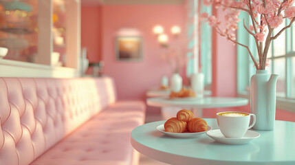 Fototapeta premium croissant with cappuccino on a table in pastel colors in a cafe