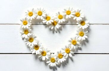 Obraz premium Romantic floral horizontal banner. Top view on Daisy Heart on white wooden board background. Summer love concept. Minimal elegant romantic Valentine's Day banner brochure poster cover template. 