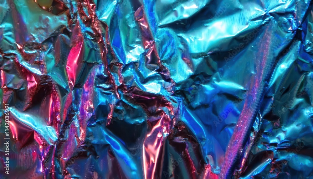 Poster vibrant iridescent crumpled foil texture in shimmering blue and pink hues. abstract metallic surface