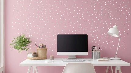 Minimalist workspace with pink wall and white dots.