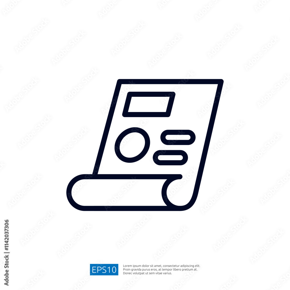 Poster a simple graphic representation of a rolled document with a pie chart and text, symbolizing reports 