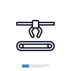 An illustration of a crane with a claw gripping a conveyor belt, symbolizing industrial automation and material handling processes.
