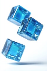 Three shimmering blue ice cubes suspended in mid-air, reflecting light and creating a serene ambiance.