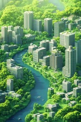Obraz premium Aerial view of a modern cityscape interwoven with lush greenery, showcasing skyscrapers alongside a serene river.
