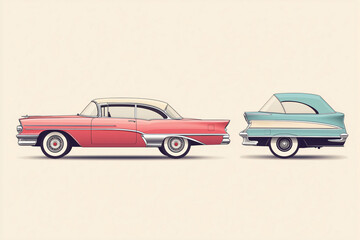 Obraz premium Two classic American vintage cars from the fifties parked in a side view perspective