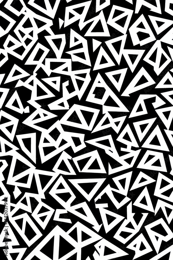 Poster abstract black and white pattern featuring scattered triangular shapes, creating a dynamic visual ex