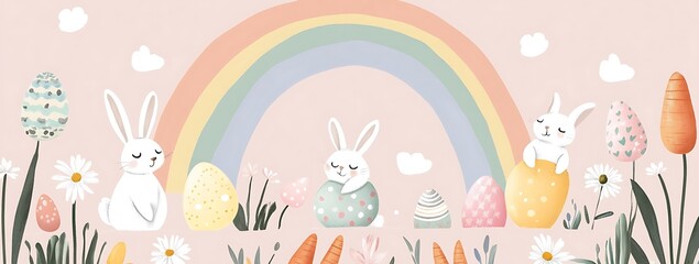 A cute Easter banner with bunnies, eggs, and carrots