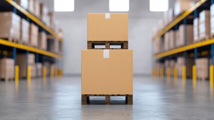 Efficiency increase speed innovation concept. A stack of wooden pallets with cardboard boxes inside a spacious warehouse setting, showcasing organized storage space.