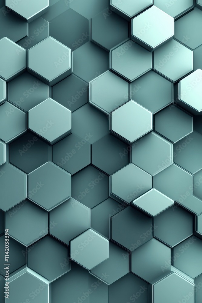Poster a modern abstract pattern of shiny hexagonal shapes in a cool teal color, creating a visually striki