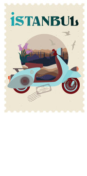 Classic Travel Scooter and Background Istanbul Vector Design
