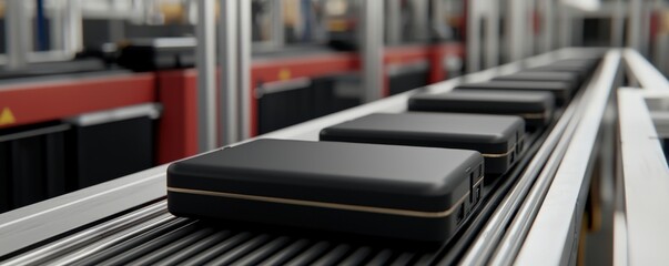 Efficiency increase speed innovation concept. Conveyor belt with black cases moving in a production line, showcasing industrial efficiency and streamlined manufacturing processes.