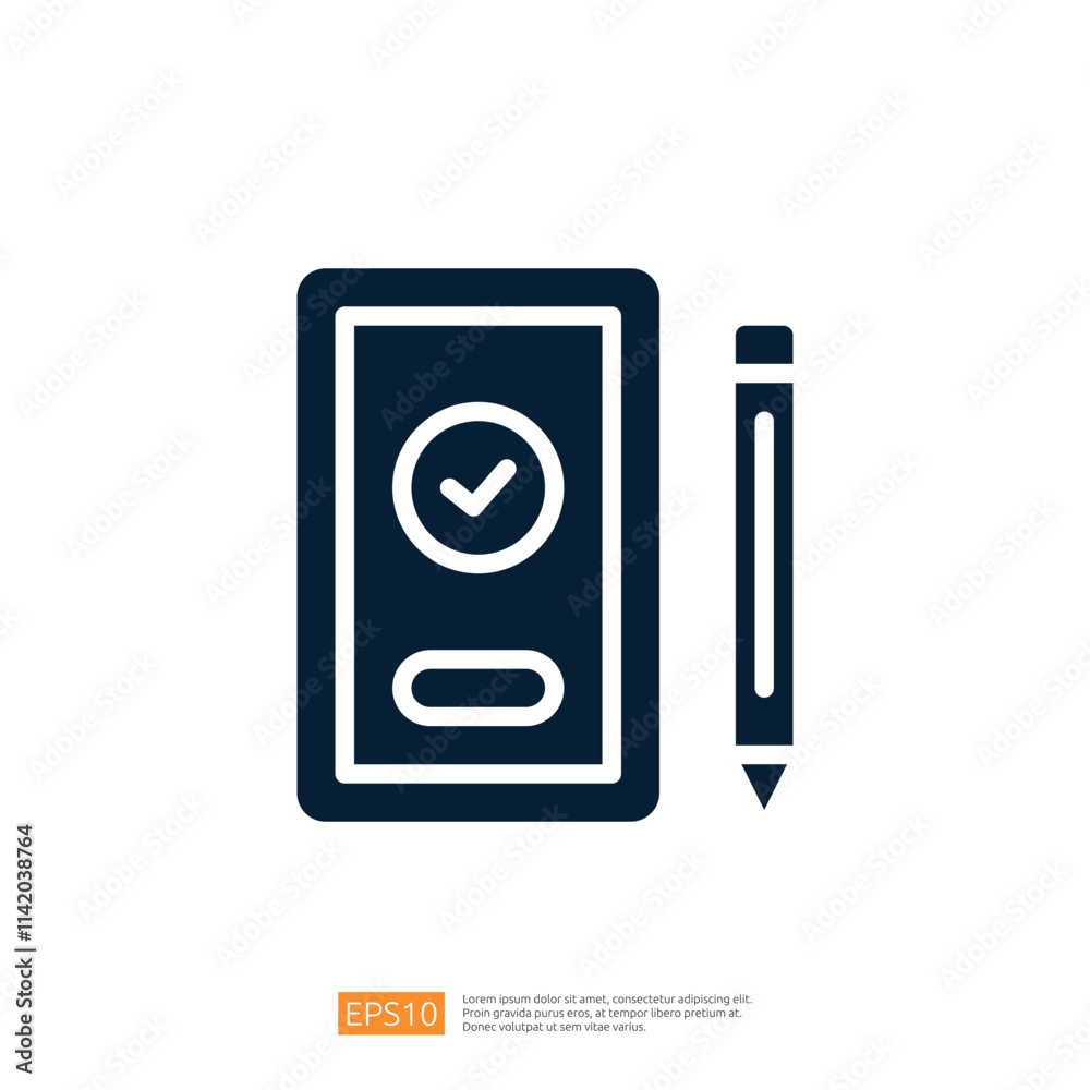 Poster this image features a digital device with a checkmark symbol and a pencil, suggesting a task complet