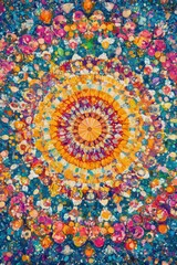 Obraz premium Colorful, intricate mandala patterns created with vibrant paints, showcasing a harmonious blend of warm and cool hues.