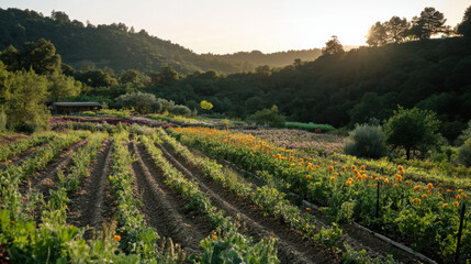 Naklejka premium Lush Fields at Sunrise with Vibrant Sunflowers and Colorful Vegetables in a Peaceful Rural Landscape, Embracing Nature's Beauty and Abundance