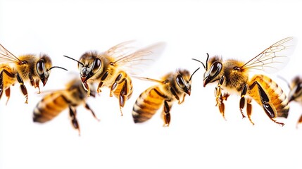 Group of Honeybees in Flight on White Background

