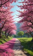 Obraz premium sweeping vista of cherry blossom trees with vibrant pink flowers and lush green foliage, wildflower fields, springtime scenery