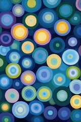 An abstract painting filled with vibrant circular patterns in various shades of blue, yellow, and purple hues.