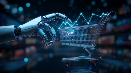 AI-driven e-commerce concept: A robot hand holds a glowing shopping cart surrounded by upward trend lines, symbolizing AIâ€™s role in e-commerce growth