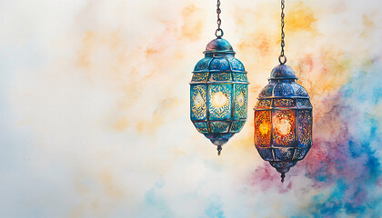 Obraz premium Watercolor Arabic lanterns glowing on a white background Muslim Ramadan Kareem Eid celebration.