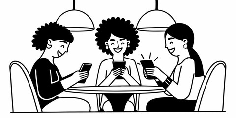 Fototapeta premium Happy friends browsing social media on smartphone in a cafe