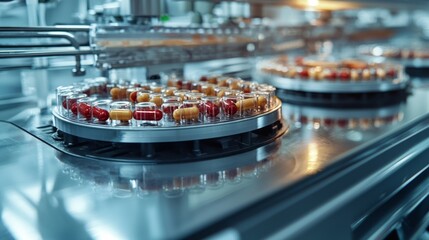 Advanced pharmaceutical capsule: Capsules with layered designs showing precision-engineered cores inside, resting on a clean, clinical surface