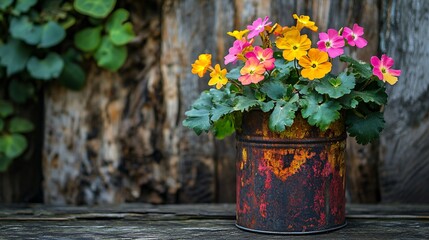 A vibrant primrose plant growing in a rusted milk can, set against a backdrop of aged wood and ivy