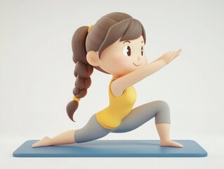 Animated character practicing yoga in a bright and cheerful environment on a blue mat