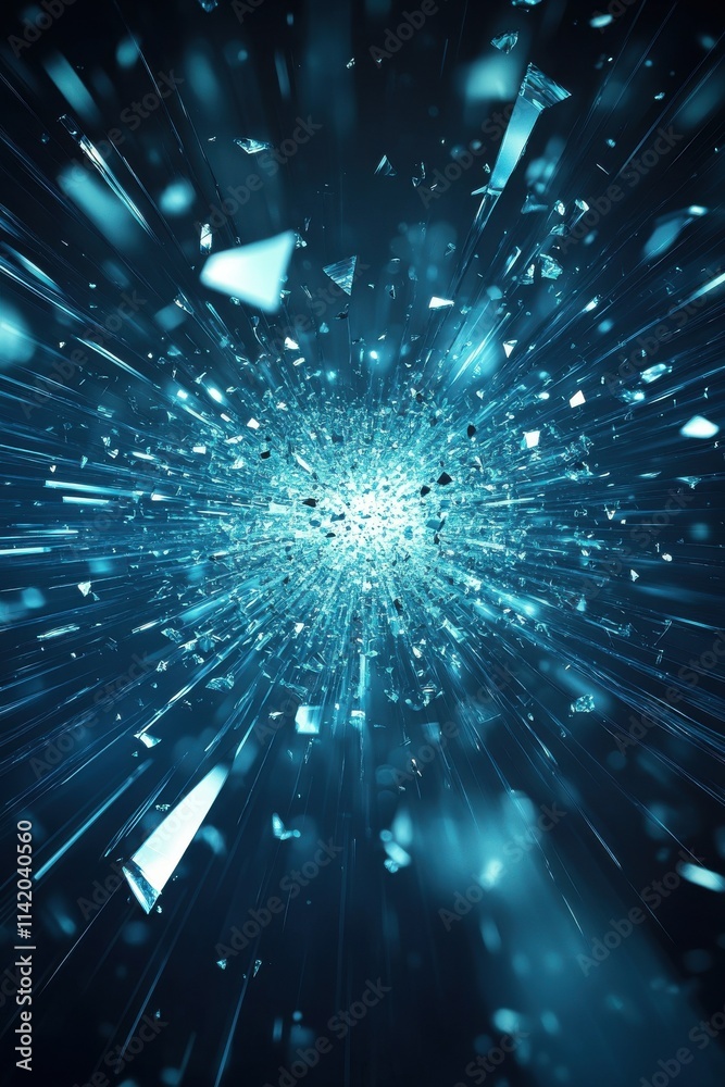 Poster an abstract explosion of shimmering blue shards radiating outward, creating a dynamic and energetic 