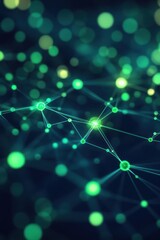 Abstract green and blue digital network with glowing nodes and connections representing technology and data.