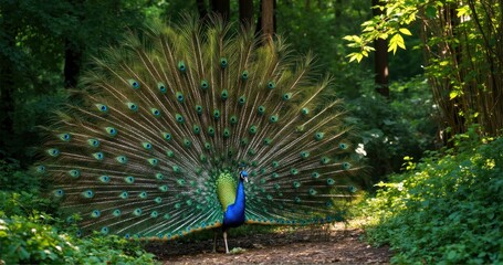 Obraz premium A vibrant peacock spreading its iridescent feathers in a lush forest, with sunlight filtering through the leaves, highlighting the intricate details of the feathers 
