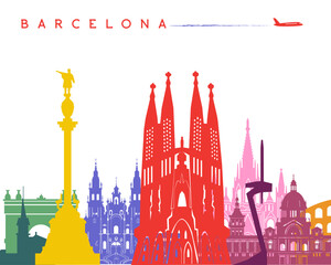 Fototapeta premium Barcelona city skyline colorful silhouette, travel and tourism banner design.