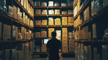 Warehouse Worker Managing Inventory with Digital Device Surrounded by Stacked Cardboard Boxes in a Large Commercial Storage Facility