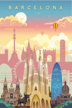 Barcelona city colorful silhouette, travel and tourism poster banner design.