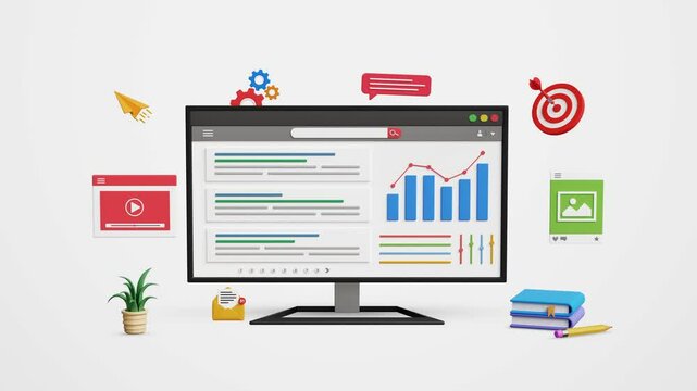 Website SEO ranking, content promotion, search engine optimization, on page ads, improve search result ranking, drive organic traffic. Website ranking and SEO on a 3D computer. 4K 3D animation