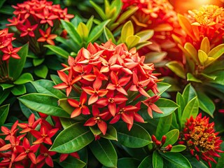 Aerial view: vibrant red Ixora coccinea flowers bloom, a stunning tropical spectacle overhead.