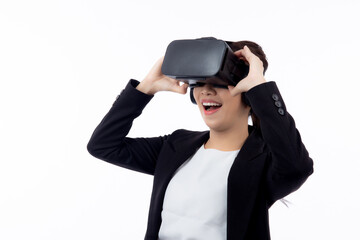 Portrait young asian businesswoman wearing headset virtual reality for device with experience and entertainment with interactive isolated white background, simulation and innovation with business.