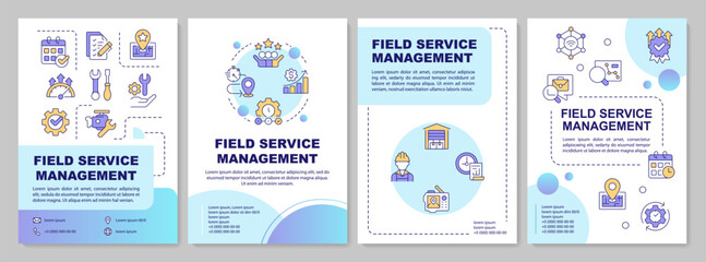Field service management blue circle brochure template. FMS system. Real-time tracking. Leaflet design with linear icons. Editable 4 vector layouts. Arial-Black, Myriad Pro-Regular fonts used