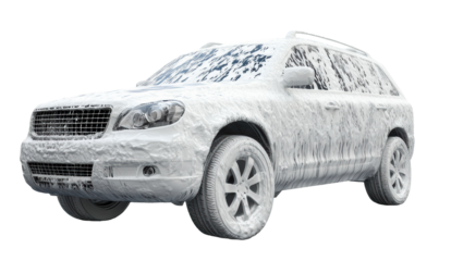 Car being washed with foam on a sunny day