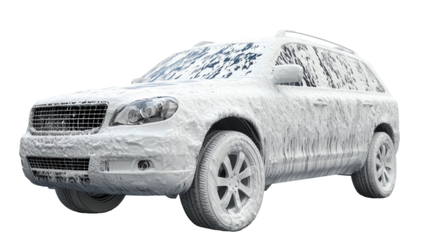Car being washed with foam on a sunny day