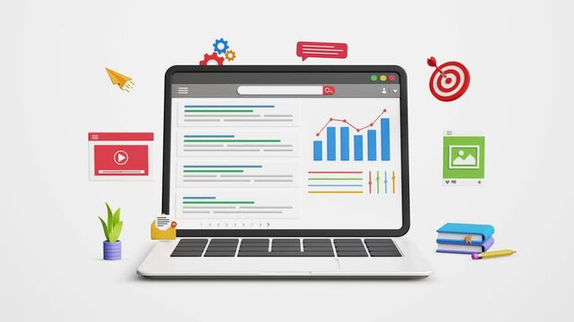 Website SEO ranking, content promotion, search engine optimization, on page ads, improve search result ranking, drive organic traffic. Website ranking and SEO on a 3D laptop. 4K 3D animation