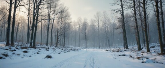 Naklejka premium Moody green atmosphere with snow-covered forest and bare trees, scenery, covered forest, abstract