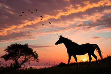 Naklejka premium A silhouette of a unicorn against a vibrant sunset sky, with birds flying above and a tree in the foreground, creating a magical and tranquil atmosphere.