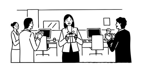 A Businesswoman receiving a gift from colleagues during work in the office. Business professionals giving a farewell party to a female colleague in the office